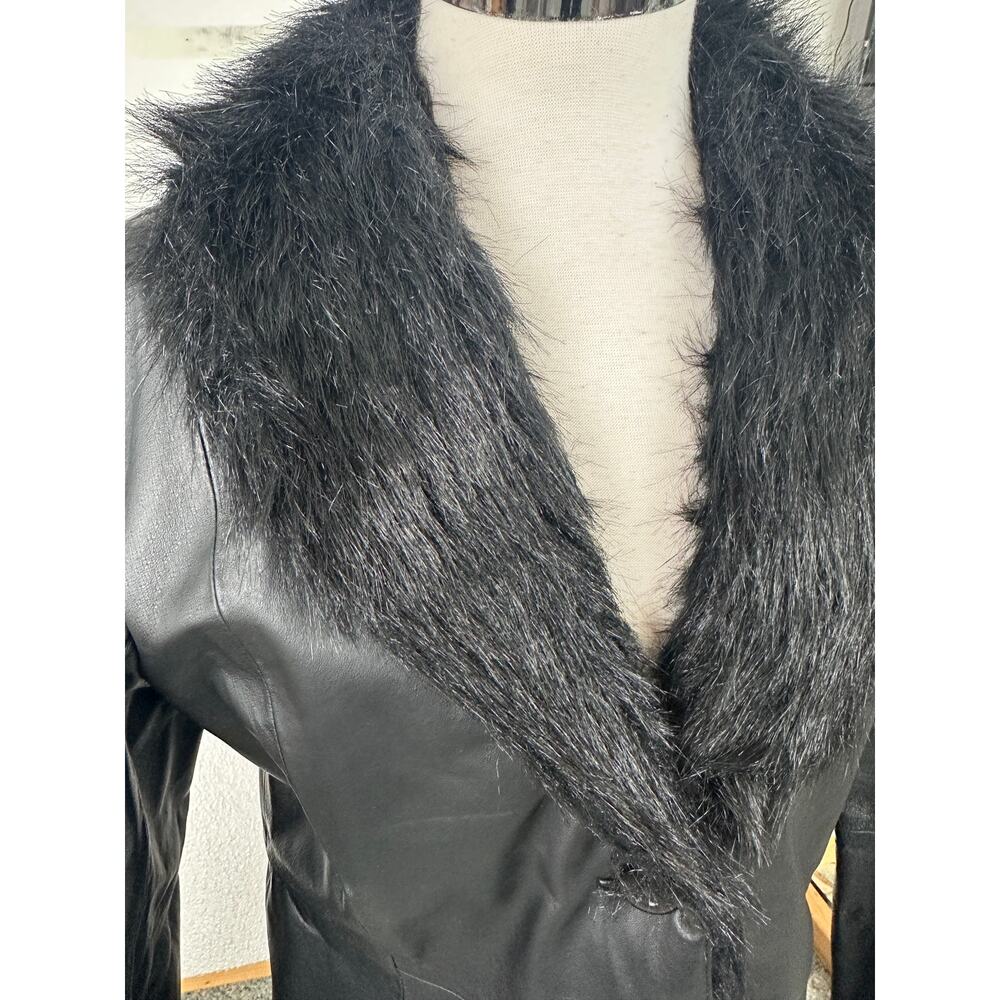 Vintage Terry Lewis Classic Luxuries S Long 100% Leather Coat Faux Fur Collar - Picture 4 of 10